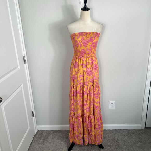 Abel The Label Anthropologie Strapless Tiered Maxi Dress Smocked Orange Floral S - Picture 1 of 7